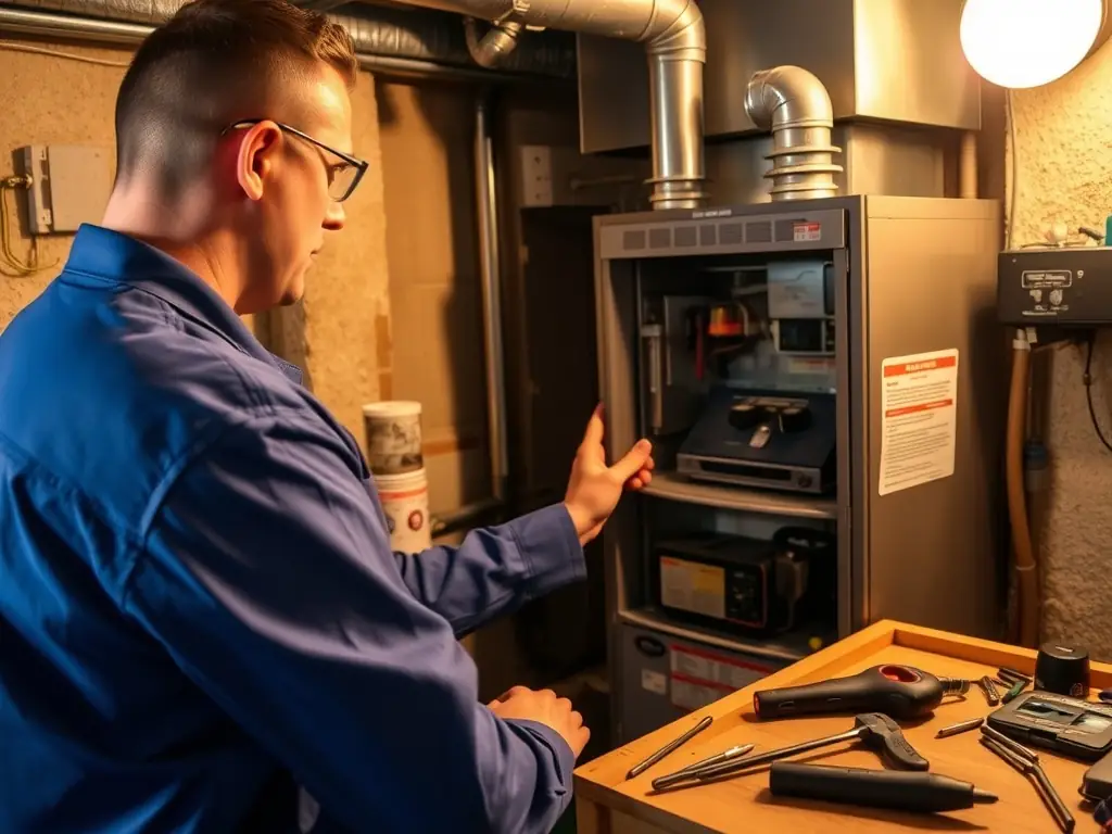 A technician performing maintenance on a natural gas furnace.