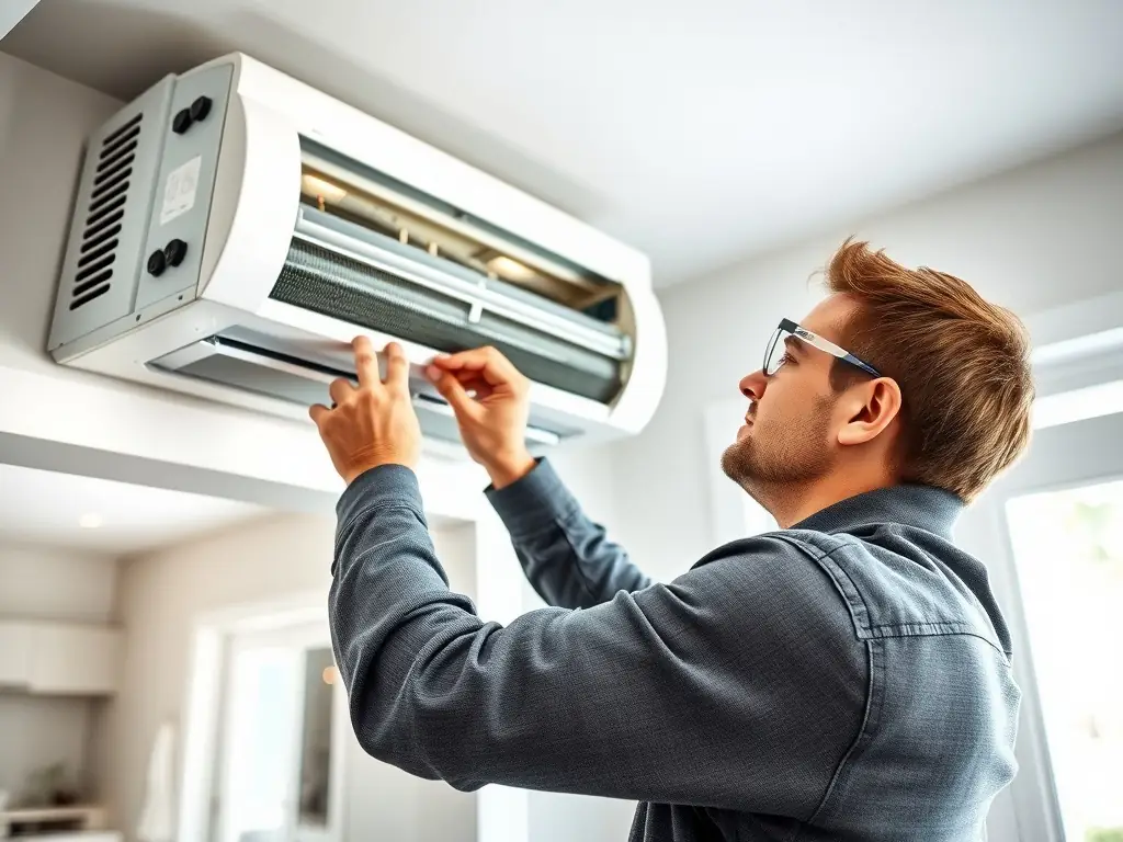 A technician installing a ductless heat pump in a residential home.